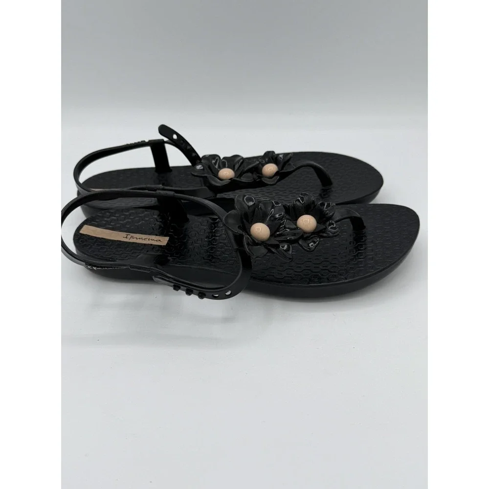 Ipanema Duo Flowers Girls Sandals Strappy Sling Black Beach Flats Size 2/3